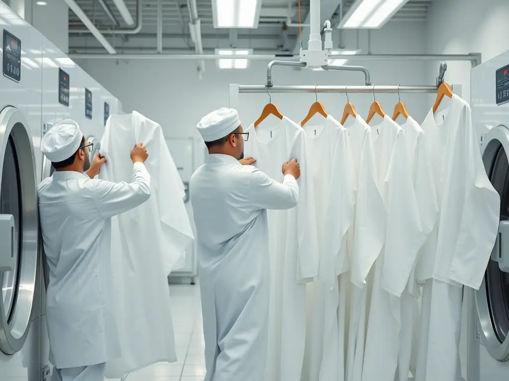 Staff handling garments in a Qatar dry cleaning facility